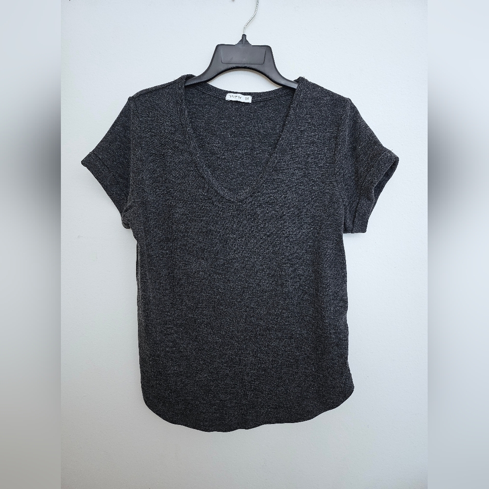 Dark Gray V-neck Women's Cut Tshirt w/Cuffed Sleeves